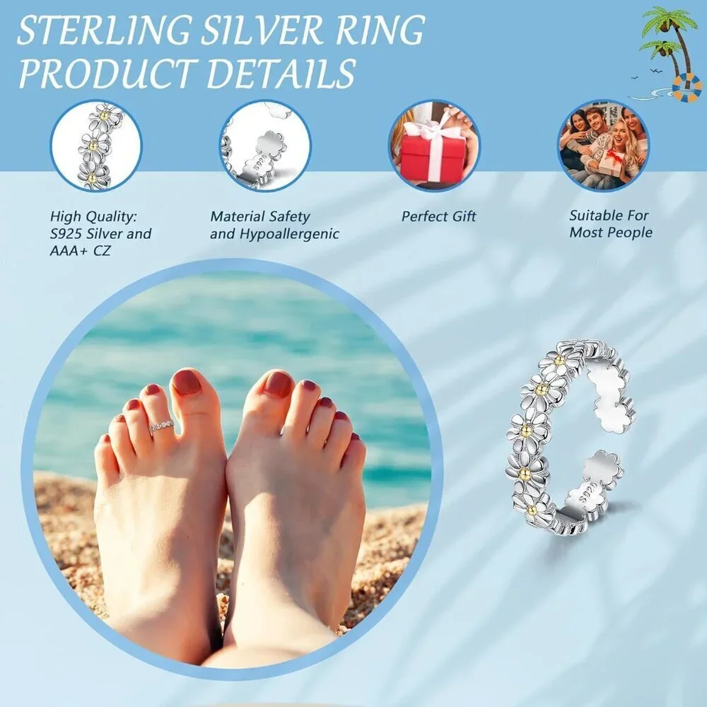Versatile Adjustable Toe Rings in 925 Silver - Perfect Summer Foot Jewelry - Picture 2 of 6